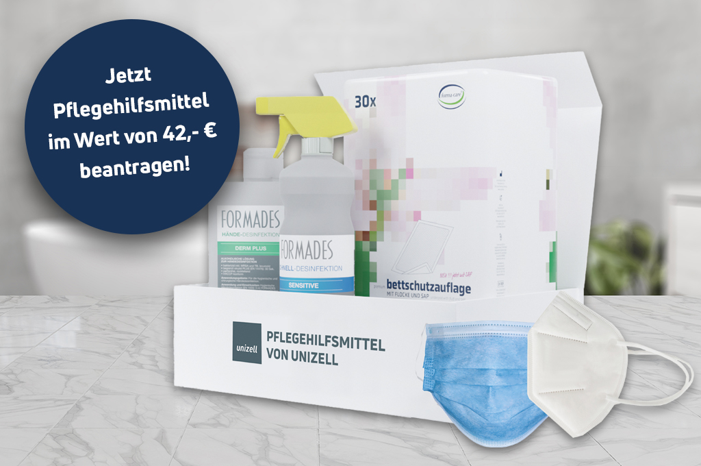 Pflegehilfsmittelbox von unizell im Bad mit Informationstext